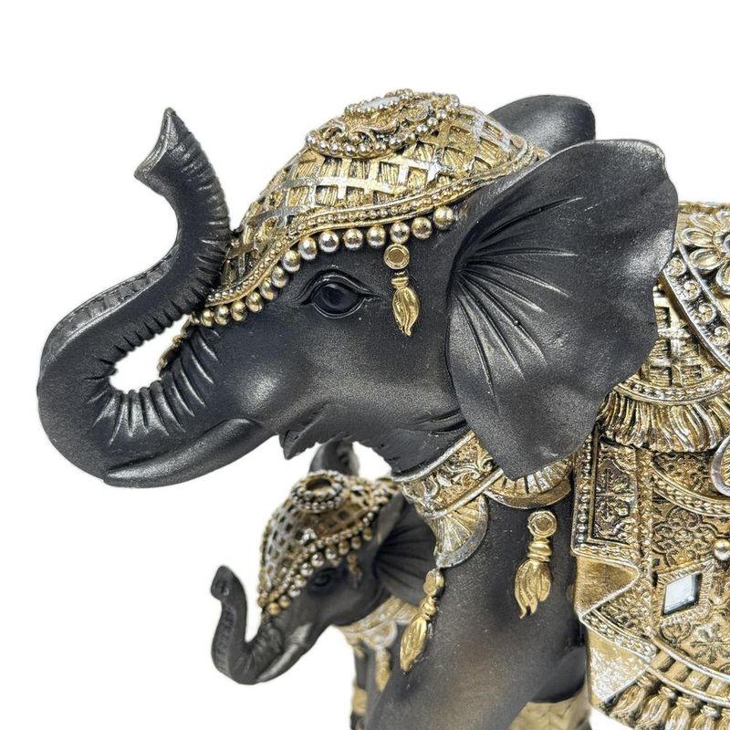Figura Decorativa de Elefante Mamá e Hijo Estilo Oriental Color Negro con Detalles Dorados
