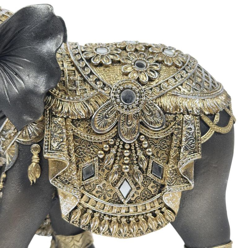 Figura Decorativa de Elefante Mamá e Hijo Estilo Oriental Color Negro con Detalles Dorados