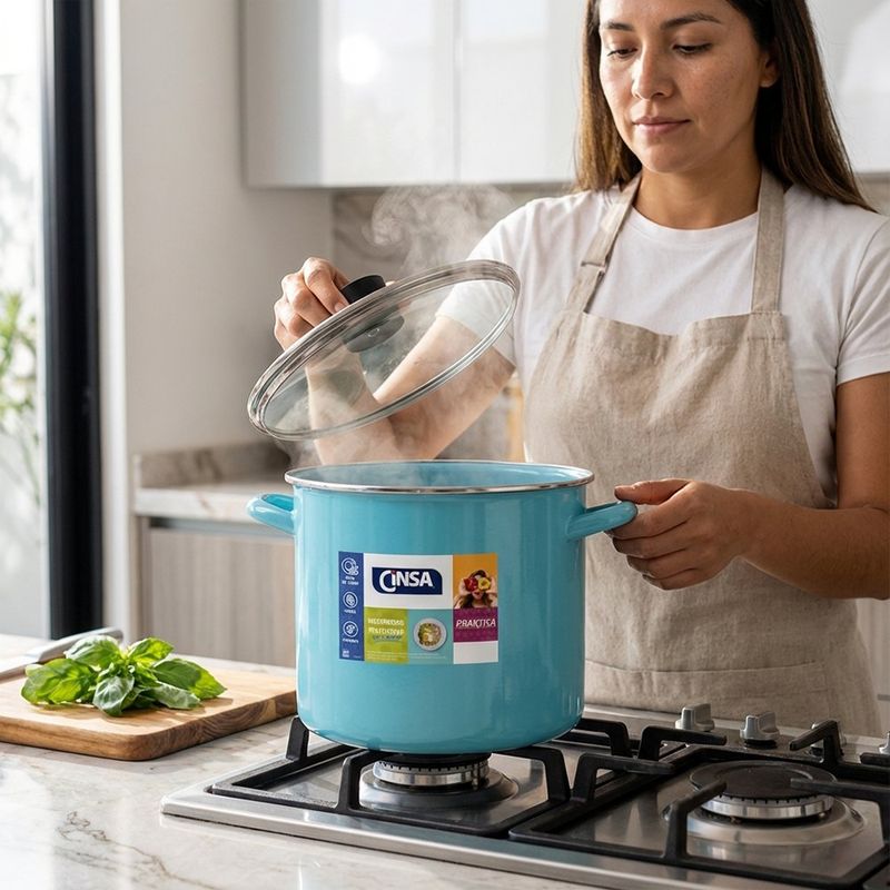Olla Recta Alta Aqua Bay de 22 cm con Tapa de Vidrio Color Azul Celeste