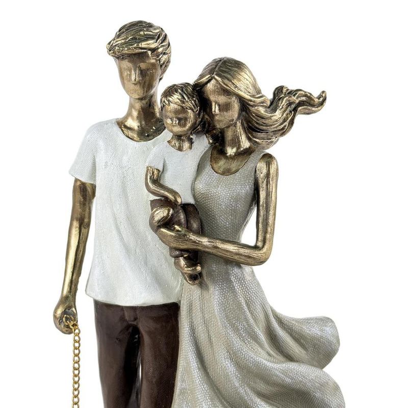 Figura Decorativa de Pareja con Bebé y Perro Color Dorado 25.5 Cm