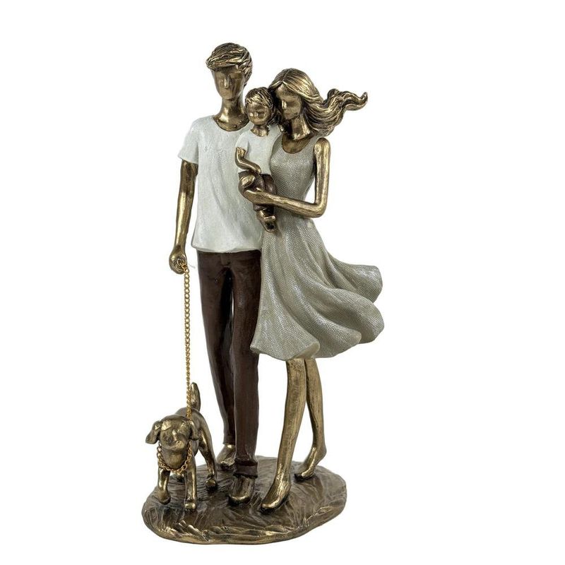 Figura Decorativa de Pareja con Bebé y Perro Color Dorado 25.5 Cm