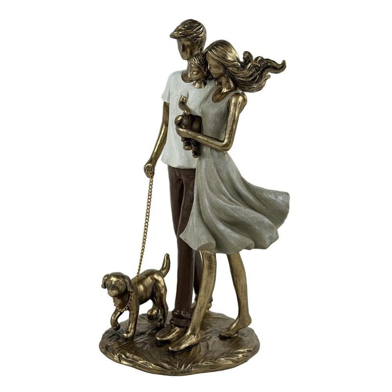 Figura Decorativa de Pareja con Bebé y Perro Color Dorado 25.5 Cm