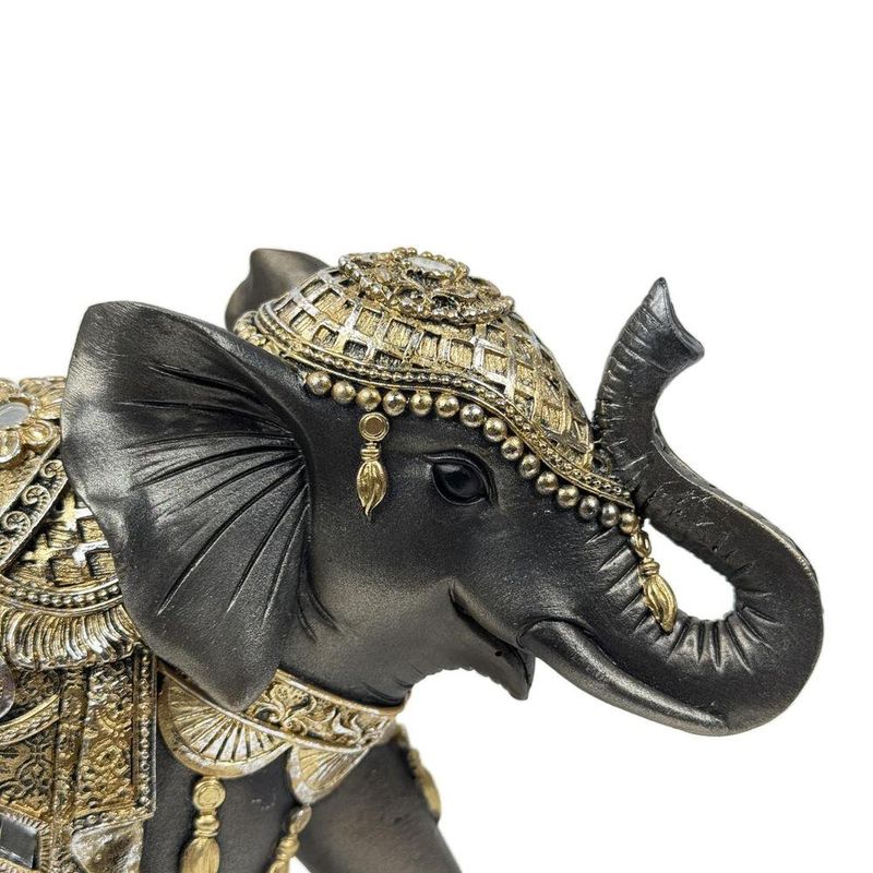 Figura Decorativa de Elefante Estilo Oriental Lado Izquierdo Color Negro con Detalles Dorados