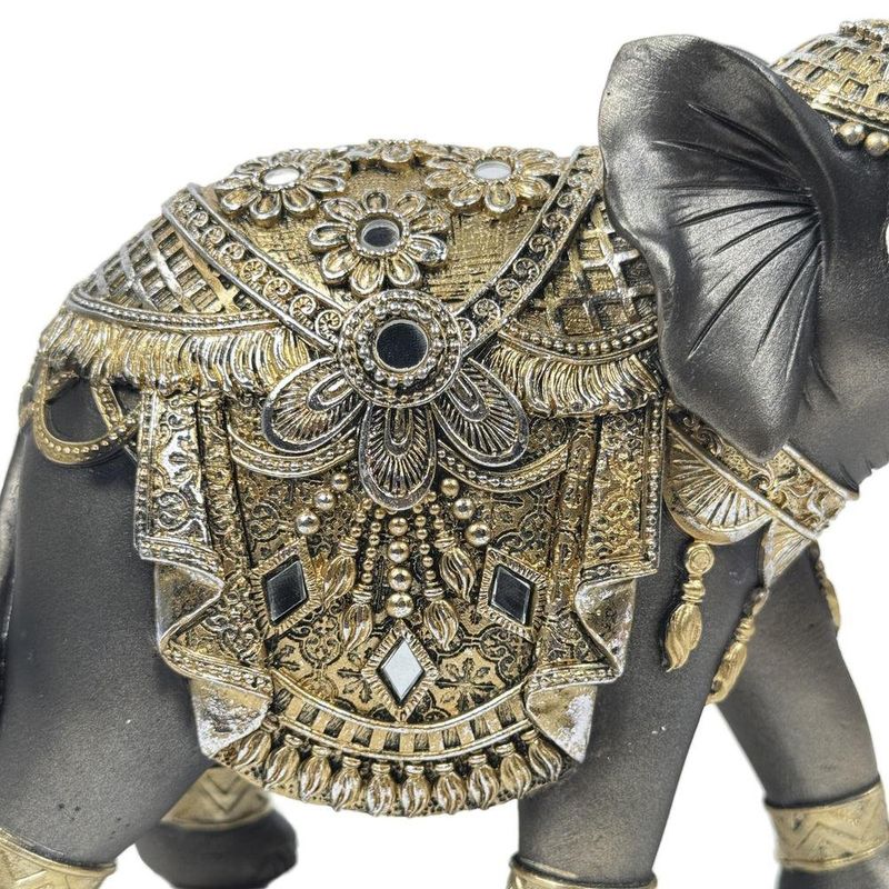 Figura Decorativa de Elefante Estilo Oriental Lado Izquierdo Color Negro con Detalles Dorados