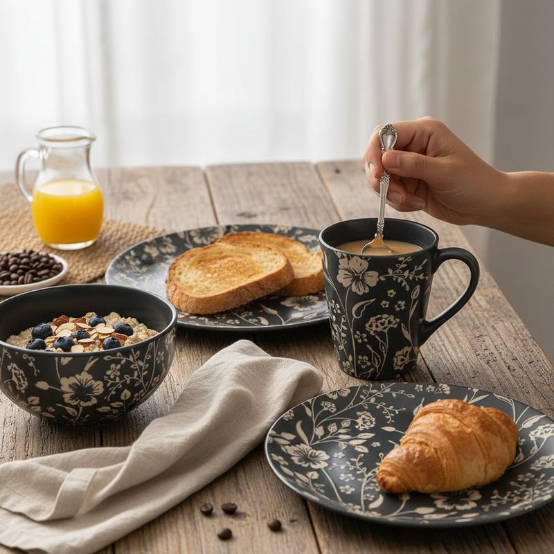 Vajilla Camelia Negra con Diseño Floral Elegante de 16 Piezas