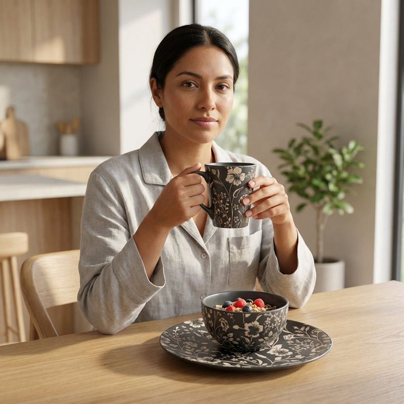Vajilla Camelia Negra con Diseño Floral Elegante de 16 Piezas