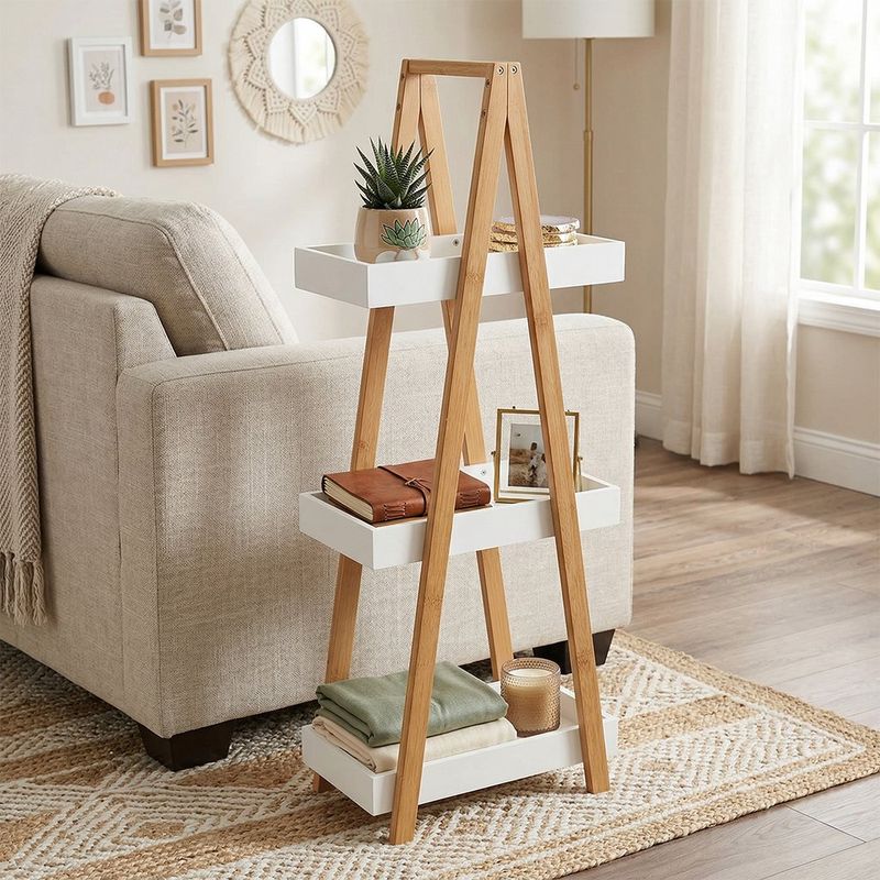 Organizador de Bambú con 3 Niveles Estilo Pirámide con Charolas Blancas y Café