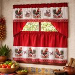Cortinas para Cocina 3 Piezas con Estampado de Gallinas Color Rojo