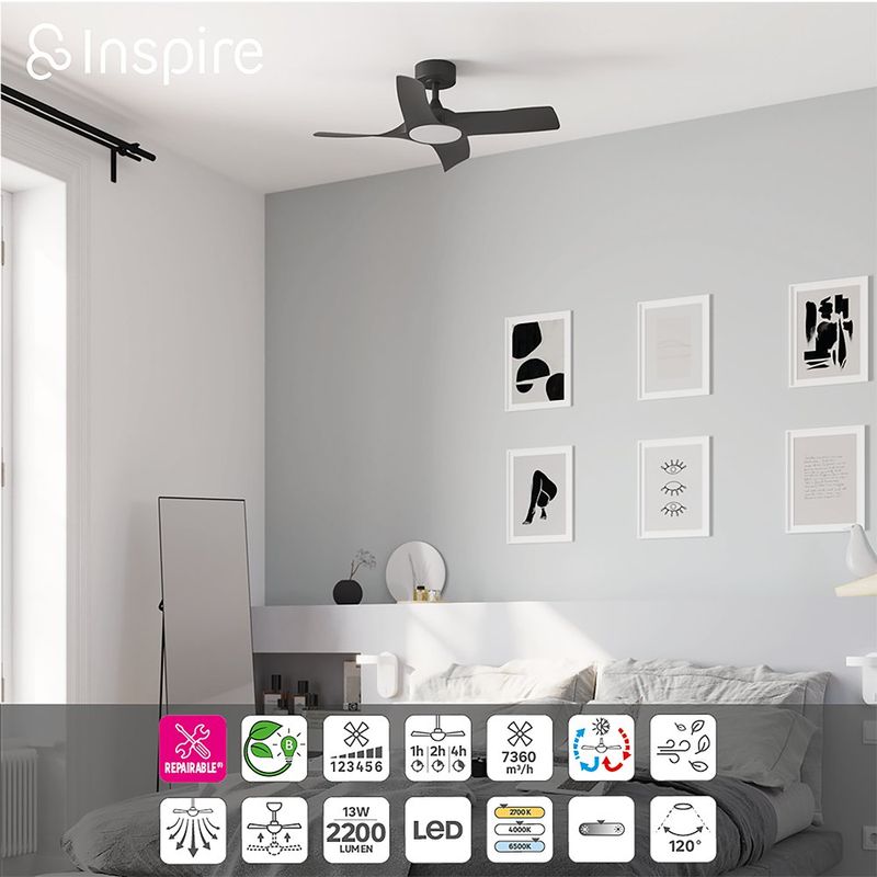 Ventilador de Techo con Luz LED Integrada Siroco Color Negro de 36 Plg