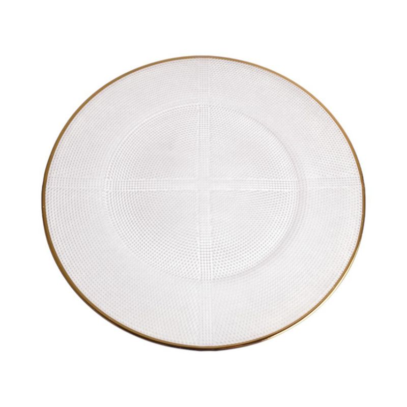 Plato Base de Vidrio de 33 x 33 cm para Presentación de Mesa con Orilla Dorada Blanco