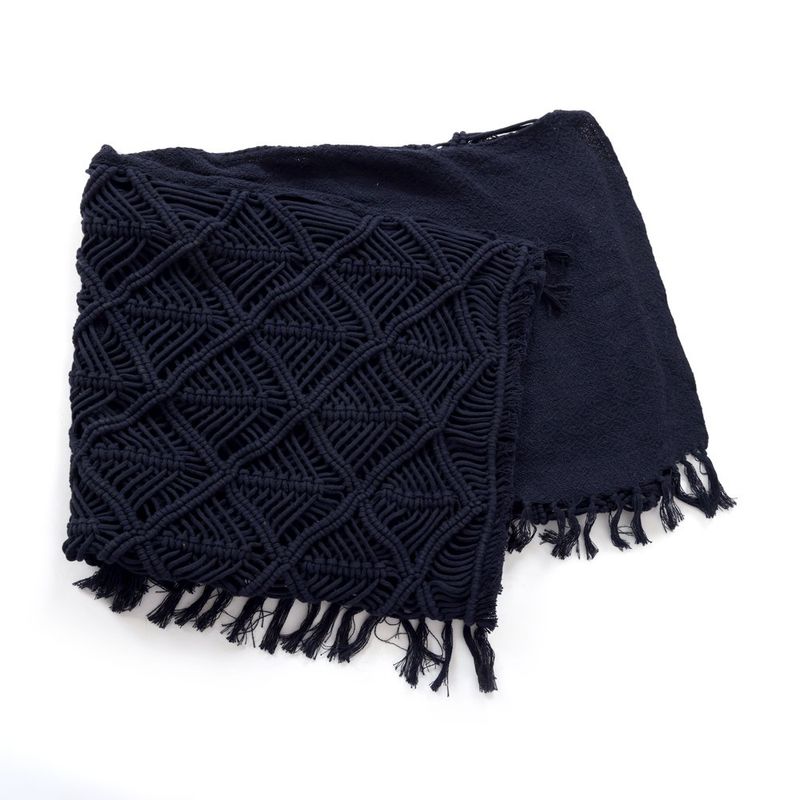 Throw Decorativo Boho con Flecos de Macramé Color Azul 127 x 152 Cm