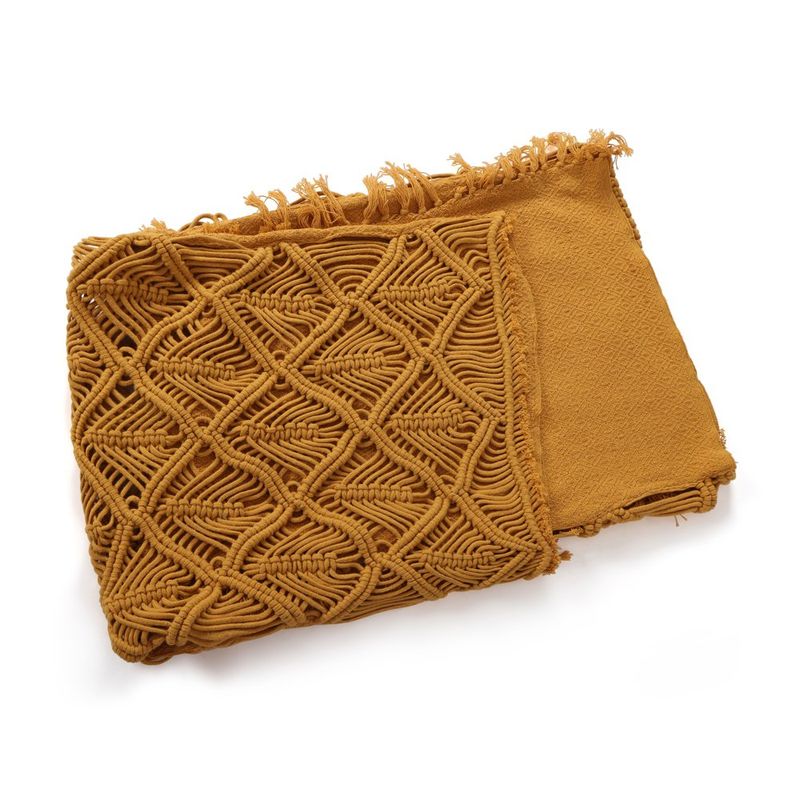 Throw Decorativo Boho con Flecos de Macramé Color Mostaza 127 x 152 Cm