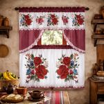 Cortinas para Cocina 3 Piezas con Estampado de Rosas Color Rojo