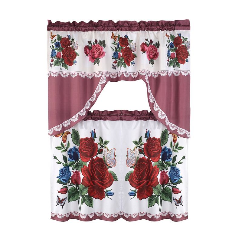 Cortinas para Cocina 3 Piezas con Estampado de Rosas Color Rojo