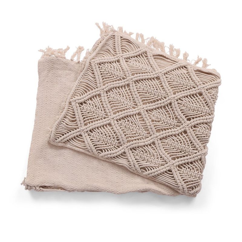 Throw Decorativo Boho con Flecos de Macramé Color Ivory 127 x 152 Cm