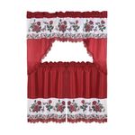 Cortinas para Cocina 3 Piezas con Estampado de Rosas y Mariposas Color Rojo