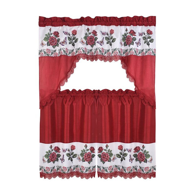 Cortinas para Cocina 3 Piezas con Estampado de Rosas y Mariposas Color Rojo