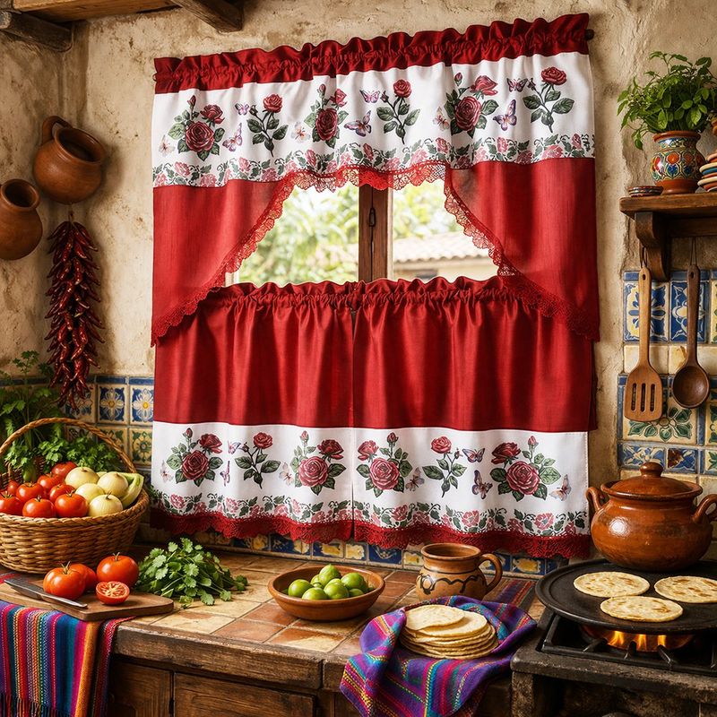 Cortinas para Cocina 3 Piezas con Estampado de Rosas y Mariposas Color Rojo