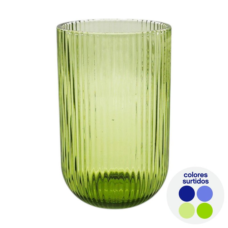 Vaso de Vidrio con Relieve para Agua, Jugos o Refrescos de 14.2 oz - Colores Surtidos