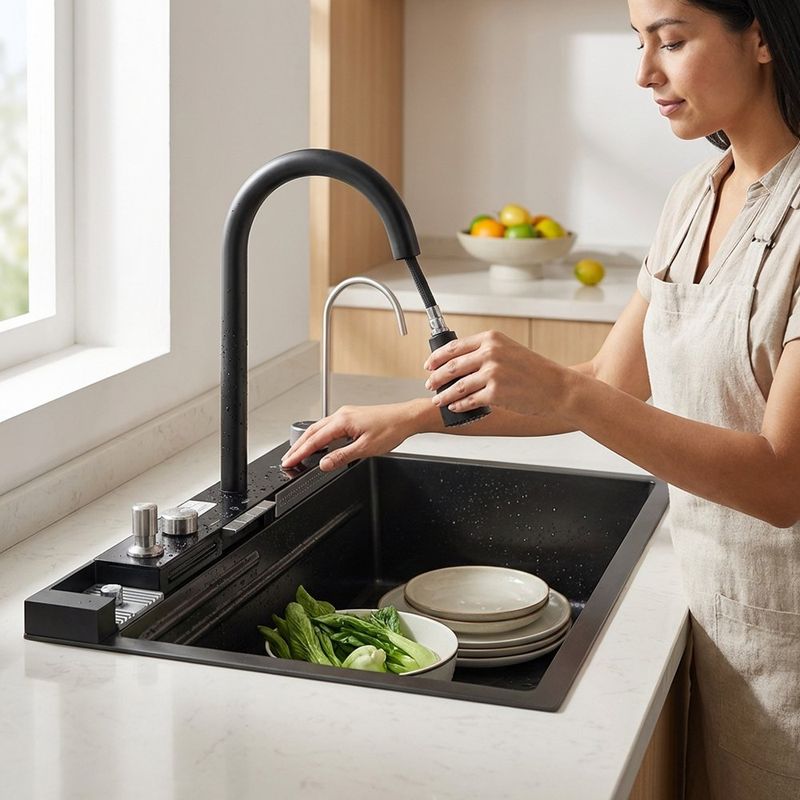 Lavatrastos con Grifo Multifuncional y Accesorios Integrados Acero Inoxidable Color Negro