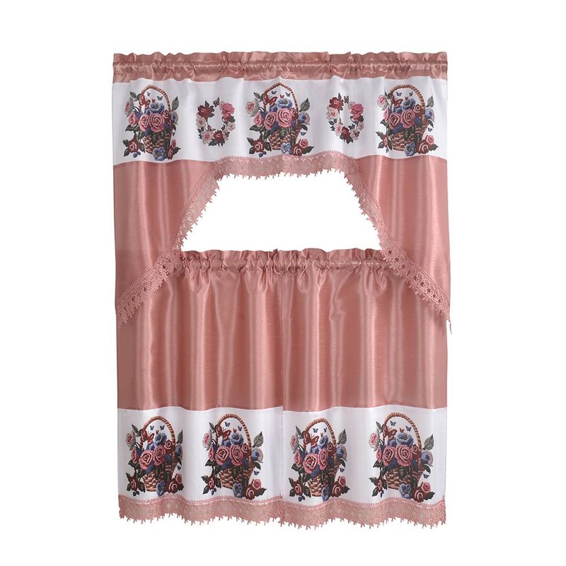 Cortinas para Cocina 3 Piezas con Estampado de Rosas Color Rosado