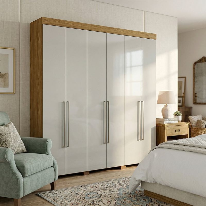 Armario Ita de 6 Puertas Color Crema con Acabado Madera 47 x 230 x 223 Cm