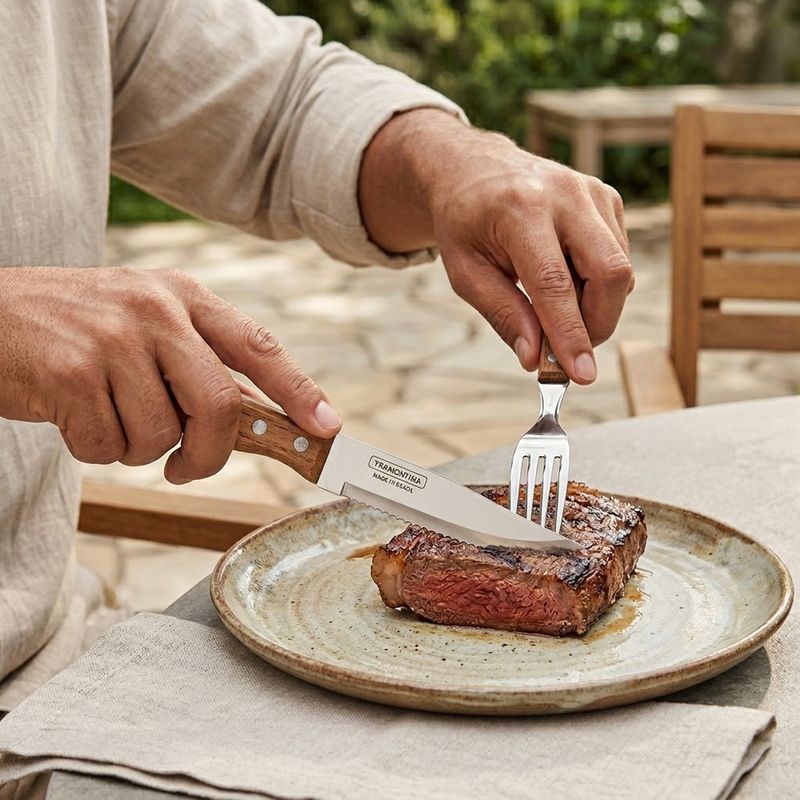 Kit de Cuchillos y Tenedores Jumbo Churrasco Mango de Madera 12 Piezas