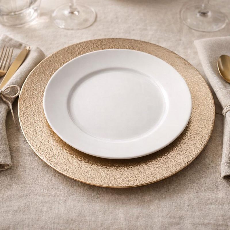 Plato Base de Vidrio de 34 x 34 cm para Presentación de Mesa Color Dorado