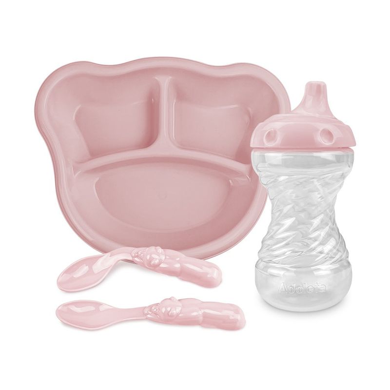 Set para Alimentación Infantil Plato con Divisiones + Vaso + Cucharas Adoleta Color Rosado