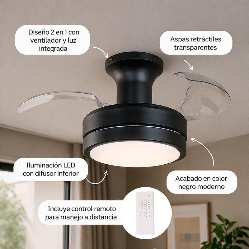 Ventilador de Techo con Aspas Retráctiles y Control Remoto Color Negro
