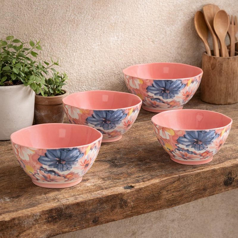 Set de 4 Bowls de Cerámica con Diseño de Flores de 5.9 Plg Color Rosa