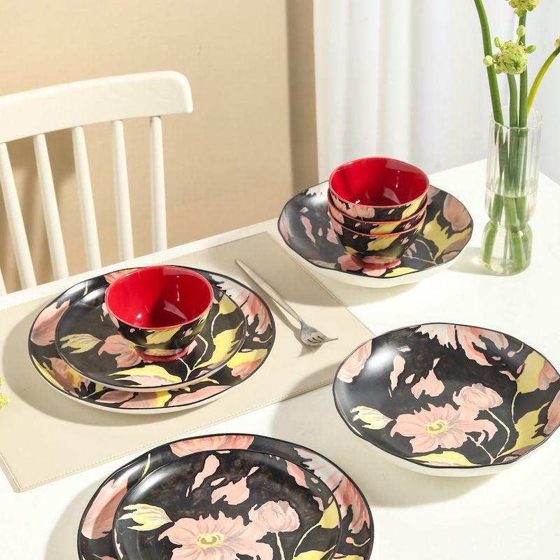 Set de 4 Bowls de Cerámica con Diseño de Flores de 5.9 Plg Color Negro