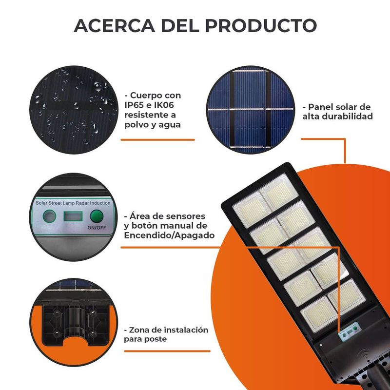 Lámpara Solar LED Punta de Poste 100 W Luz de Día con Sensor y Control Remoto Color Negro