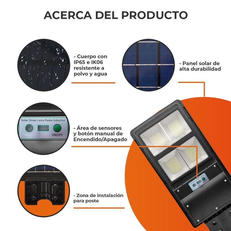 Lámpara Solar LED de 40 W Luz de Día con Sensor de Movimiento y Control Remoto Color Negro