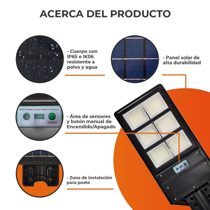 Lámpara Solar LED de 60 W Luz de Día con Sensor de Movimiento y Control Remoto Color Negro