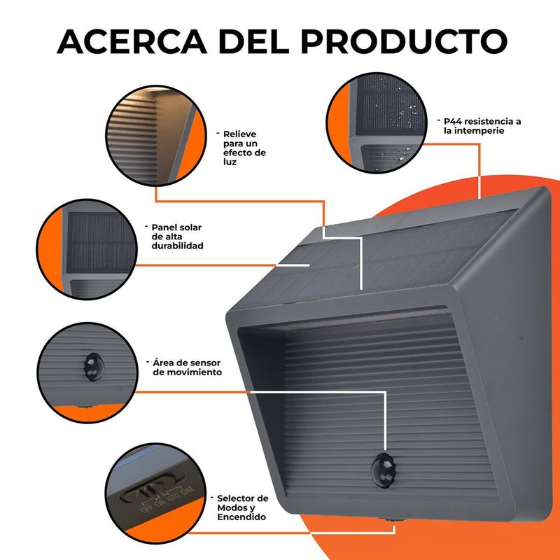 Lámpara Solar Arbotante LED de 11.5 W Luz Cálida con Sensor de Movimiento IP44 Color Gris