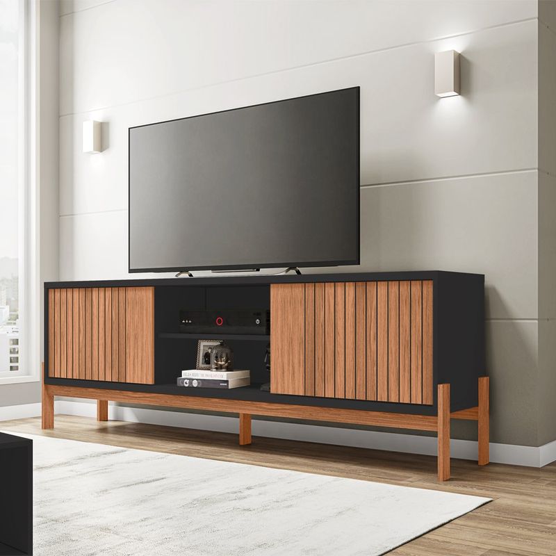 Rack para TV Tannen de 180 cm con Puertas Corredizas y Nicho Central Color Madera y Negro