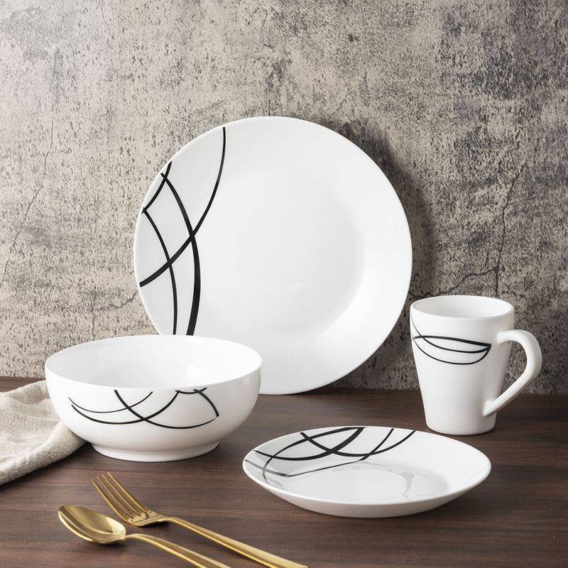 Vajilla de 16 Piezas de Vidrio Opal Color Blanco con Diseño de Líneas
