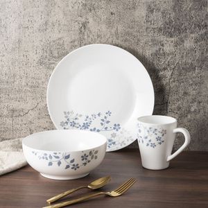 Vajilla de 12 Piezas de Vidrio Opal Color Blanco con Diseño de Flores Azules