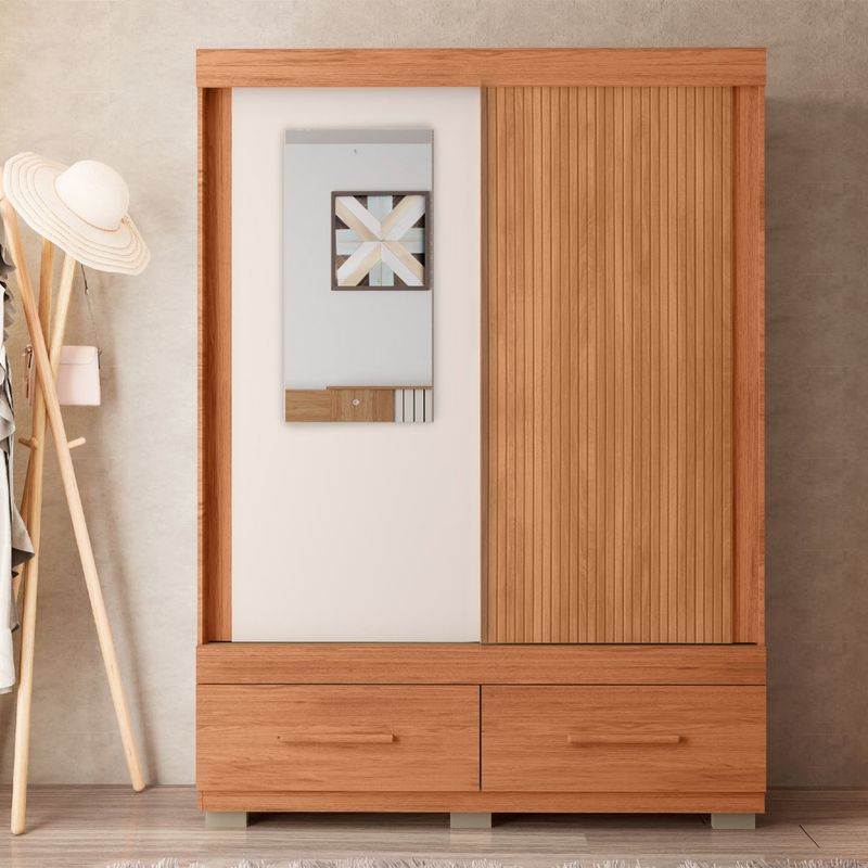 Armario Sereno de 136.2 cm con Puerta Corrediza, Espejo y 2 Gavetas Color Café y Beige