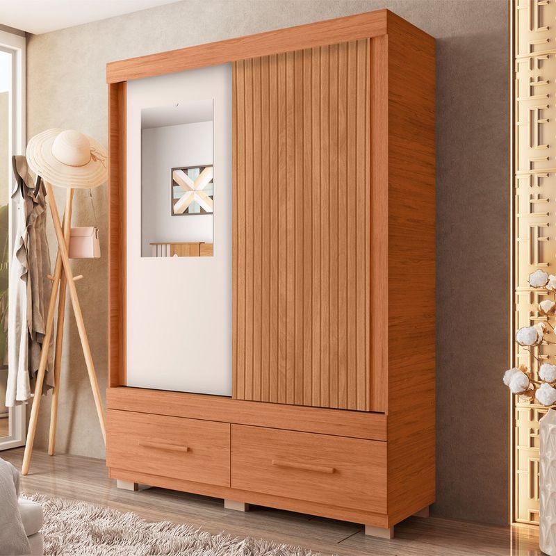 Armario Sereno de 136.2 cm con Puerta Corrediza, Espejo y 2 Gavetas Color Café y Beige