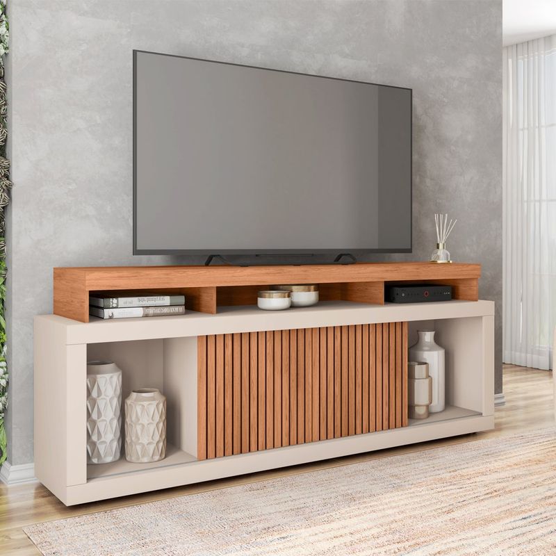 Rack para TV Aegon de 180 cm con Estantes Abiertos y Puertas Corredizas Color Beige y Madera