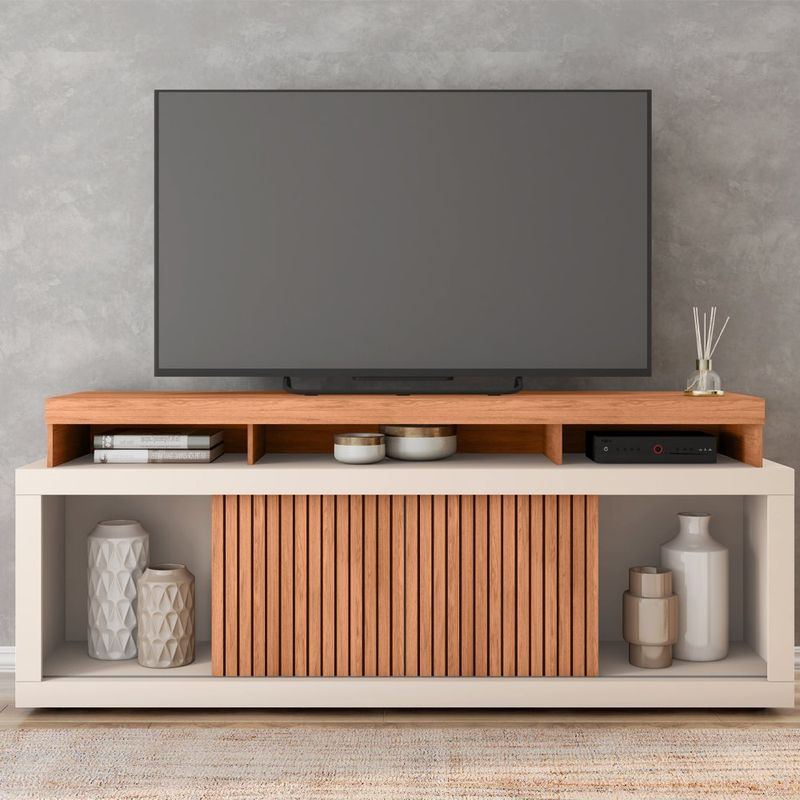 Rack para TV Aegon de 180 cm con Estantes Abiertos y Puertas Corredizas Color Beige y Madera