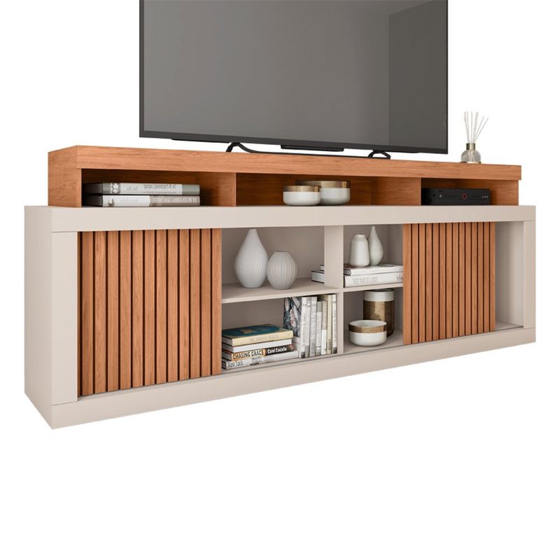 Rack para TV Aegon de 180 cm con Estantes Abiertos y Puertas Corredizas Color Beige y Madera