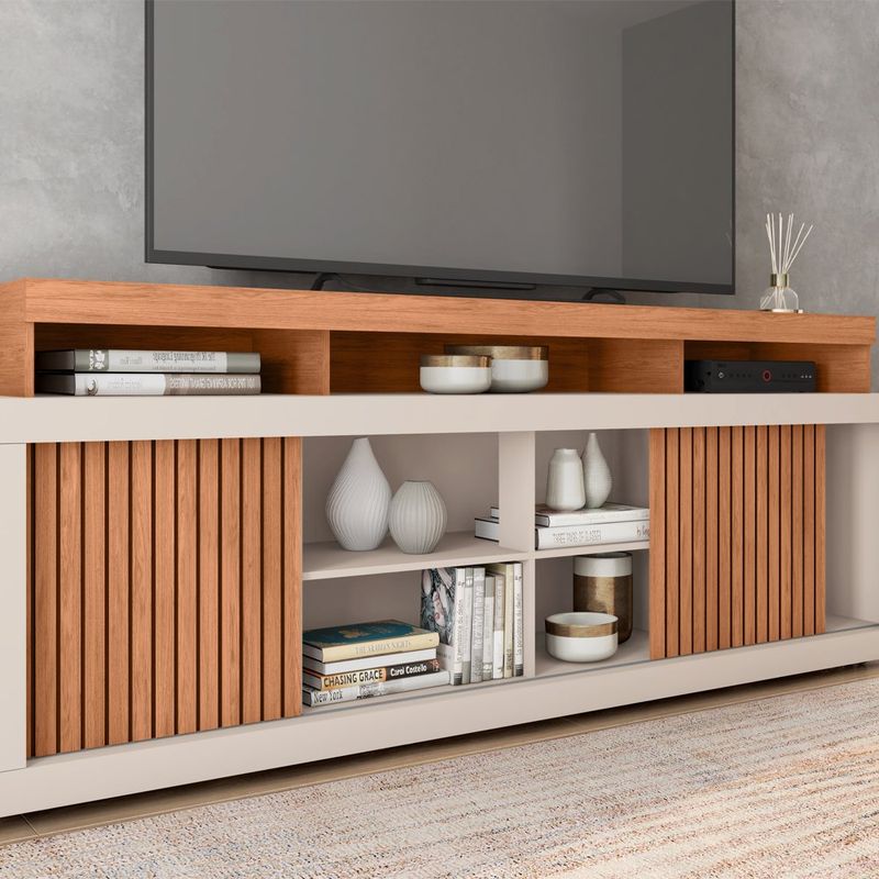 Rack para TV Aegon de 180 cm con Estantes Abiertos y Puertas Corredizas Color Beige y Madera
