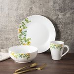 Vajilla de 12 Piezas de Vidrio Opal Color Blanco con Diseño de Hojas Verdes