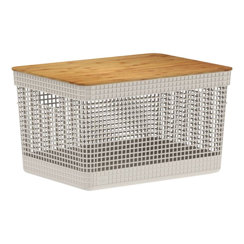 Cesta Grid Plástica con Tapa de Bambú de 20 Litros para Organización Color Beige