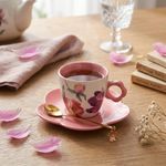 Set de Taza de Porcelana con Plato y Cuchara Decorativa Color Rosado