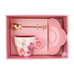 Set de Taza de Porcelana con Plato y Cuchara Decorativa Color Rosado