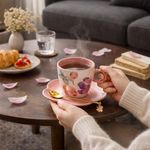 Set de Taza de Porcelana con Plato y Cuchara Decorativa Color Rosado